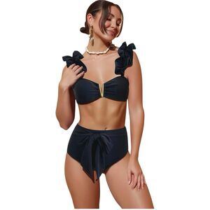 Sporlike Wide Ruffle Shoulder Strap Bikini Sz Large Black V-Wire High Waist Bow